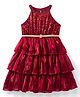 Hola Bonita Woven Sleeveless Sequinned Layered Party Wear Dress With Belt - Wine
