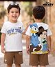 Babyhug Disney 100% Cotton Knit Half Sleeves T-Shirt & Shorts Set With Mickey Mouse & Friends Graphic - White & Tan