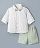 Babyhug Cotton Woven Full Sleeves Printed Party Shirt & Shorts Set with Bow Applique & Stripes - Green & White