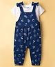 Doodle Poodle 100% Cotton Knit Half Sleeves Polka Dots & Tropical Theme Printed Dungaree & Tee Set With Bow Applique  - White & Navy Blue
