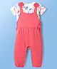 Doodle Poodle 100% Cotton Knit Half Sleeves Floral Printed T-Shirt with Dungaree - White & Pink