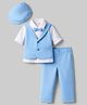 Babyhug Knit Full Sleeves Solid Party Shirt & Trouser with Attached Waistcoat Bow & Cap - Light Blue