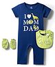 Doodle Poodle 100% Cotton Knit Half Sleeves Printed Romper with Bib & Mittens - Navy Blue & Lime Green