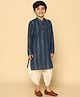 KISAH Cotton Blend Woven Full Sleeves Abstract Embroidered Kurta & Dhoti Set - Navy Blue