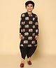 KISAH Cotton Blend Woven Full Sleeves Elephants Printed Kurta & Dhoti Set - Black