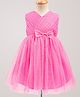 Babyhug Mesh Woven Sleeveless Yoke Pleated Party Dress With Shimmer Detailing & Bow Applique - Fuschia