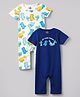 Doodle Poodle 100% Cotton Knit Half Sleeves Rompers with Dino Print Pack of 2 - White & Navy Blue