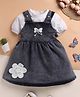 TOONYPORT Denim Woven Floral Patch & Bow Applique Detailed Pinafore Dress With Half Sleeves Tee - Black