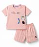 Child World Interlock Knit Half Sleeves T-Shirt & Striped Shorts Set With Bear Print - Pink