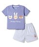 Child World Interlock Knit Half Sleeves T-Shirt & Striped Shorts Set With Animal Applique - Mauve