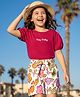 OLLINGTON ST. Cotton Sinker Knit Half Puffed Sleeves Top and Shorts with Play Pretty Text and Floral Print - Red, White