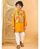 Kinder Kids Cotton Woven Full Sleeves Solid Kurta & Pyjama With Floral Printed Jacket Set - Yellow