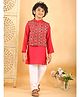 Kinder Kids Cotton Woven Full Sleeves Solid Kurta & Pyjama With Geometric Printed Jacket Set - Red