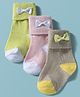Doodle Poodle Cotton Knit Ankle Length Solid Socks With Bow Applique Pack of 3 - Beige Pink & Lime Green