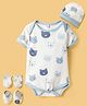 Kidi Wav Half Sleeves Teddy Bear Face Printed Coordinating Onesie With Cap Mittens & Booties - White