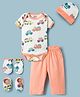 Kidi Wav Half Sleeves Vehicles  Printed Onesie & Pant Set With Cap Mittens & Booties - White