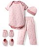 Kidi Wav Half Sleeves Floral Printed Coordinating Onesie & Pant Set With Cap Mittens & Booties - White