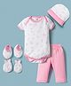 Kidi Wav Half Sleeves Floral Printed Onesie & Pant Set With Cap Mittens & Booties - White