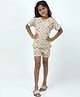 CHILINS Cotton Knit Half Sleeves Bow Printed Coordinating Tee & Shorts Set - Beige
