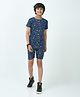 CHILINS 100% Cotton Knit Half Sleeves Palm Trees & Typography Printed Coordinating Tee & Shorts Set - Blue