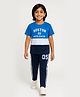 CHILINS 100% Cotton Knit Half Sleeves Colour Blocked Boston Worldwide Text Printed Tee & Pants Set - Aqua Blue