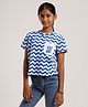 CHILINS Cotton Knit Half Sleeves  Abstract Printed Crop Top - Blue