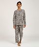 CHILINS Cotton Knit Full Sleeves Leopard Printed Tee & Pants Coordinating Night Suit - Black