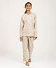 CHILINS Cotton Knit Full Sleeves Leopard Printed Tee & Pants Coordinating Night Suit - Beige