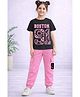 Trampoline Cotton Blend Knit Half Sleeves Numeric Printed Tee & Joggers Set - Black Pink