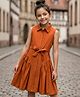 Arias Cotton Woven Sleeveless Solid Shirt Style Frock With Belt - Brown