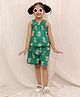 BownBee Pure Cotton Woven Sleeveless Monkey Printed & Bow Applique Detailed Top & Shorts Set - Green