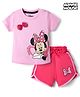 Babyhug Disney Single Jersey Knit Half Sleeve T-Shirt & Shorts Set With Minnie Mouse Graphic & Bow Sequin Applique - Pink