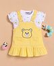 Wonderchild Half Puffed Sleeves Bear Embroidered Knee Length Pinafore Dress With Tee - White & Yellow