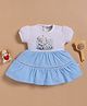 Wonderchild Half Puffed Sleeves Teddy Bear Printed Knee Length Dress - White & Sky Blue