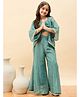StyloBug Woven Floral Printed Top & Palazzo With Three Fourth Sleeves Jacket Set - Green