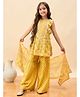 StyloBug Cotton Woven Sleeveless Floral Printed Kurti & Sharara With Dupatta Set - Yellow