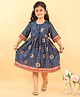 Kinder Kids Cotton Woven Three Fourth Sleeves Patola Printed Dress - Blue
