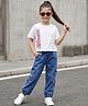 OLLINGTON ST. Cotton Knit Half Sleeves Top With Text Print & Denim Culottes Set - White & Indigo