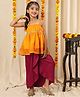NEUDIS Cotton Blend Woven Sleeveless Floral Printed Lace Embellished Kurti & Skirt Set - Mustard & Wine