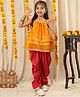 NEUDIS Cotton Blend Woven Sleeveless Floral Printed Lace Embellished Kurti & Dhoti Set - Mustard & Red
