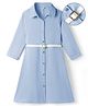 Hola Bonita Knit Full Sleeves Solid Shirt Dress With Belt - Light Blue