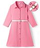 Hola Bonita Knit Full Sleeves Solid Shirt Dress With Belt - Pink