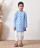 MoMaa Pure Cotton Woven Full Sleeves Motif Printed Kurta & Dhoti Set - Aqua Blue