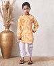 MoMaa Pure Cotton Woven Full Sleeves Floral & Leaves Printed  Kurta & Dhoti Set - Yellow & White
