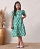 MoMaa Pure Cotton Woven Half Sleeves Floral Printed Dress - Green