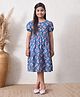 MoMaa Pure Cotton Woven Half Puffed Sleeves Floral Printed Tiered Dress - Blue