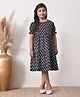 MoMaa Pure Cotton Woven Half Puffed Sleeves Leaves Printed Tiered Dress - Black