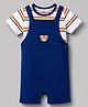 Babyhug Single Jersey Knit Half Sleeves Striped Dungaree & T-Shirt with Cub Face Applique - Navy