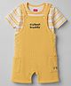 Babyhug 100% Cotton Knit Half Sleeves Striped & Text Embroidered Dungaree Set With T-Shirt - Khaki