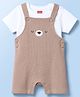 Babyhug Single Jersey Knit Dungaree & Half Sleeves T-Shirt With Teddy Bear Emboridery - White